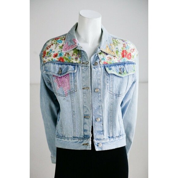 Vintage Oakoa Blue Patchwork Colourful  Light Wash Denim Cropped Jacket - Picture 2 of 8